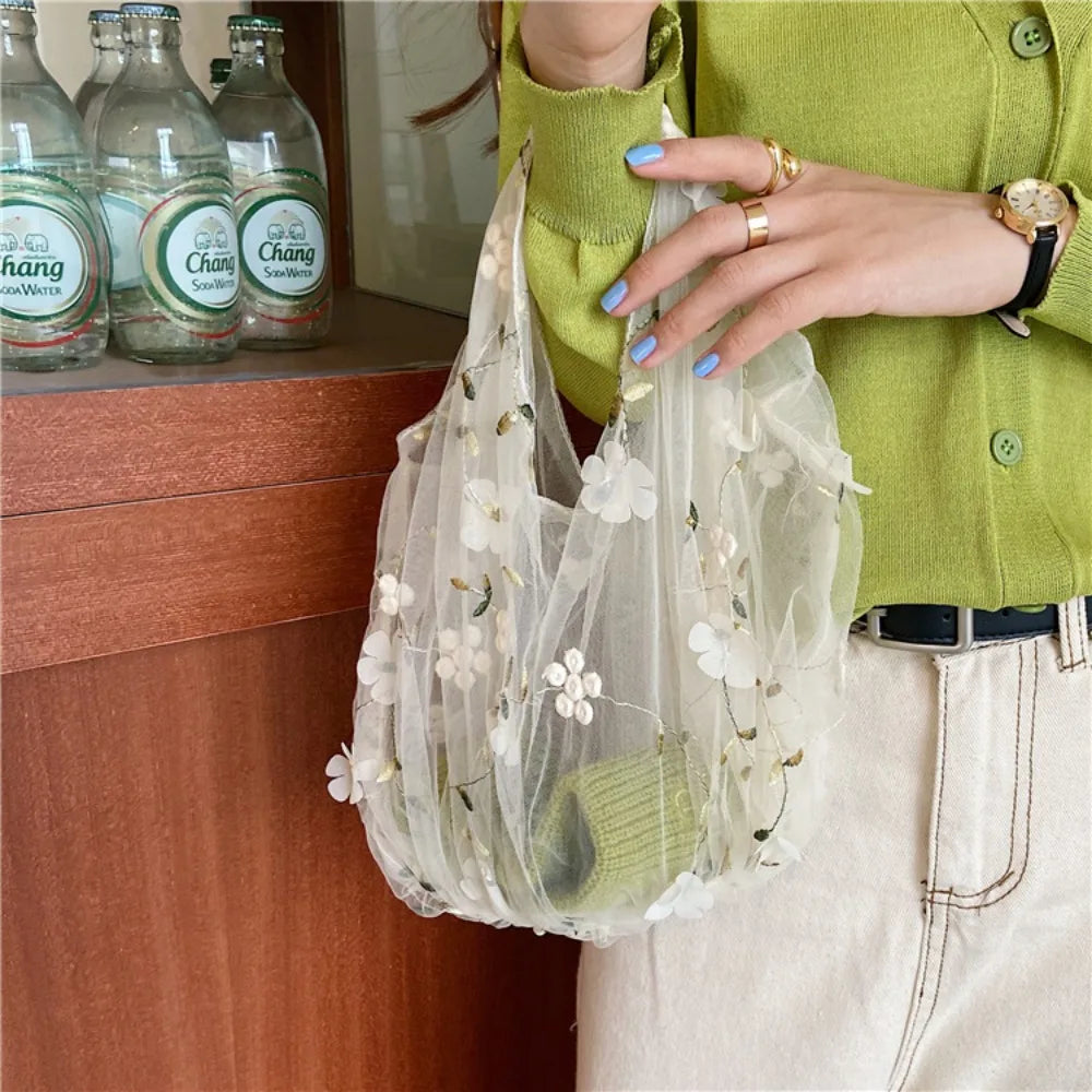 Apricot Blossom Dreams Embroidered Tulle Bag