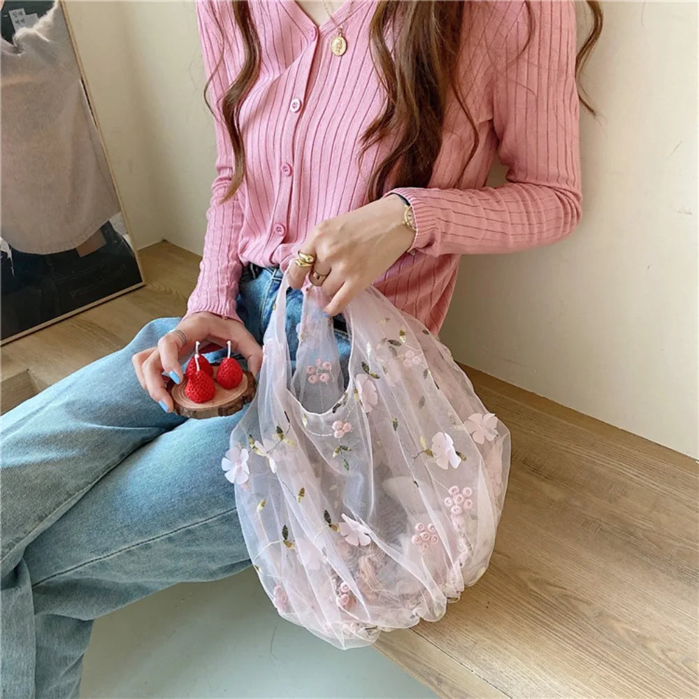 Pink Blossom Dreams Embroidered Tulle Bag