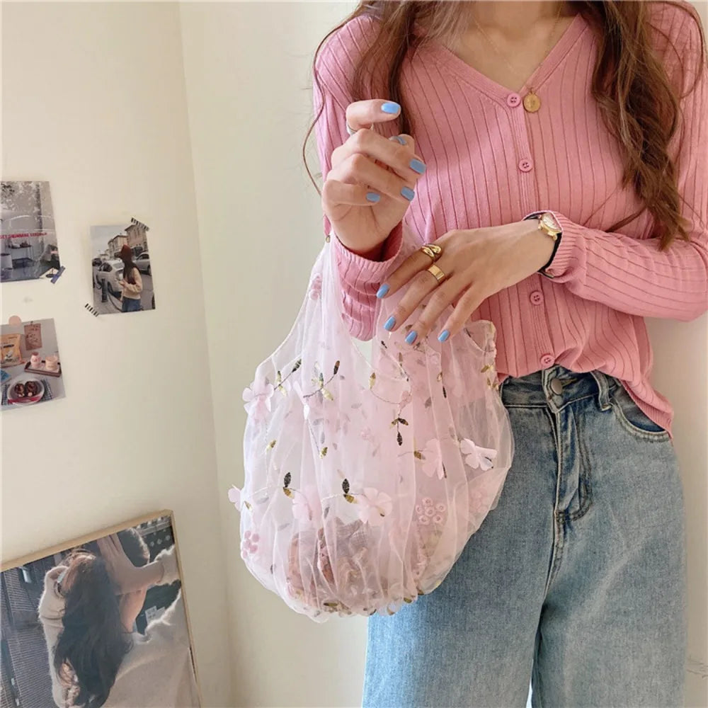 Pink Blossom Dreams Embroidered Tulle Bag