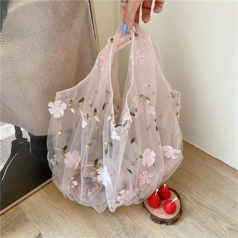 Pink Blossom Dreams Embroidered Tulle Bag